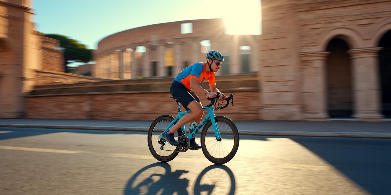 Ciclista urbano che percorre le strade storiche di Roma su una bici moderna