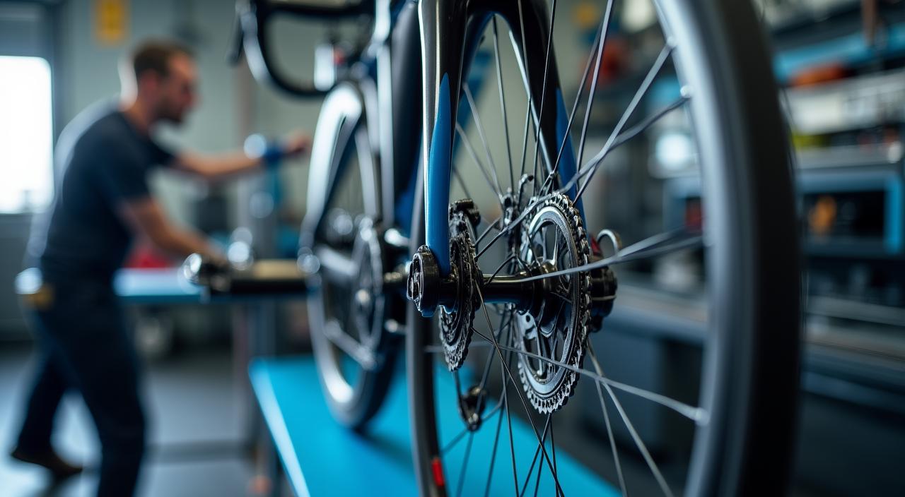 Meccanico esperto al lavoro su una bicicletta in officina a Roma